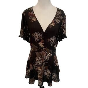 Torrid Black Floral Peplum Blouse Womens Size 2X V-Neck Semi Sheer Top
